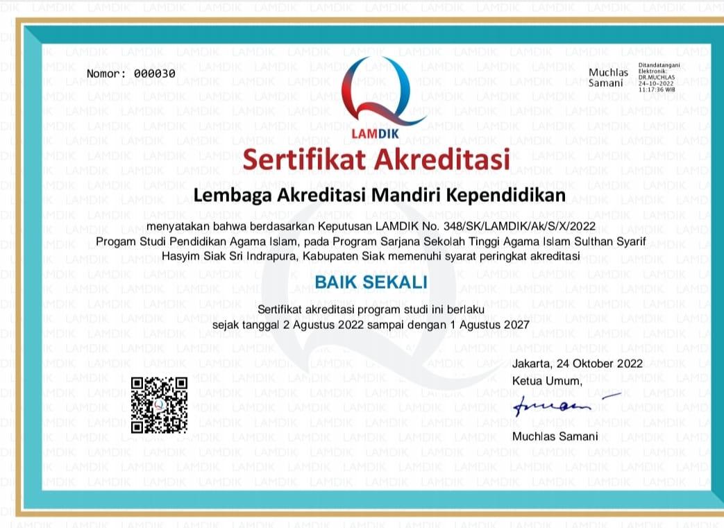 Sertifikat LAMDIK Pendidikan Agama Islam, Baik Sekali, periode 2 Agustus 2022 sampai 1 Agustus 2027